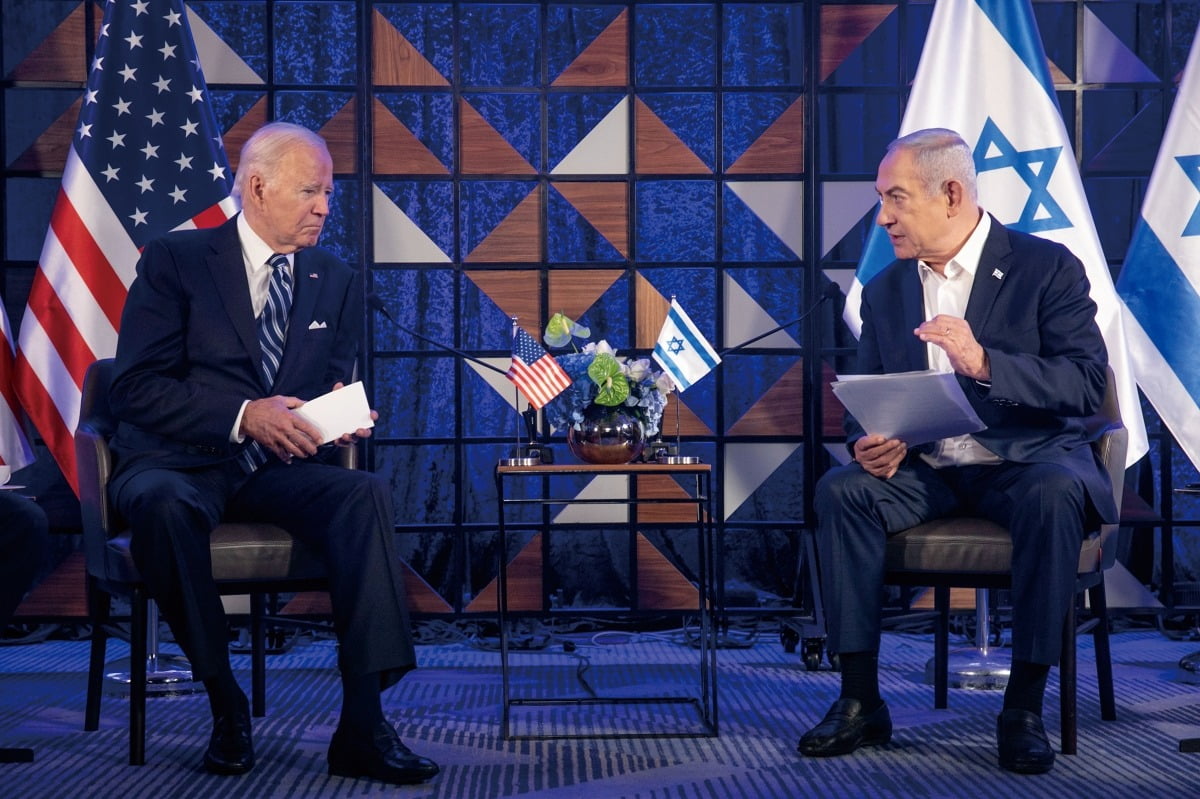 10월19일 이스라엘 텔아비브를 방문한 조 바이든 미국 대통령이 베냐민 네타냐후 이스라엘 총리와 회담을 하고 있다. 사진=연합뉴스