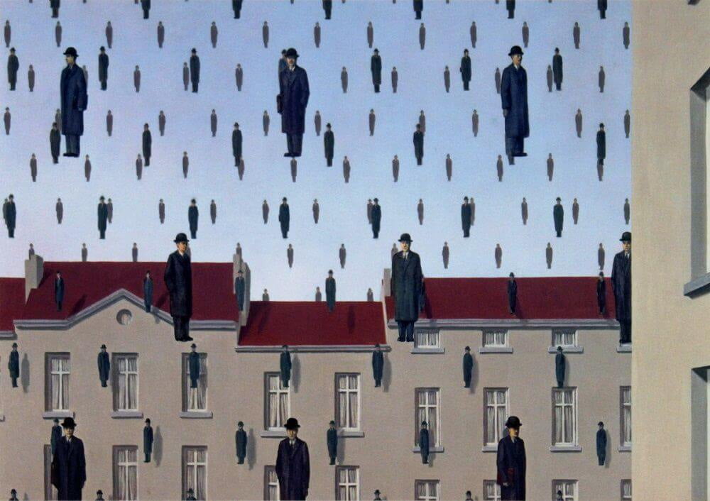 골콘다(1953). 남자들은 하늘에서 비처럼 떨어져 내려오는 것인가, 하늘로 솟아오르는 것인가? 