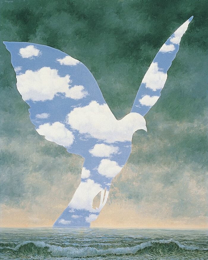 대가족(1963). 비둘기의 몸이 구름으로 변하고 있는 걸까? 아니면 구름이 새가 되고 있는 걸까?