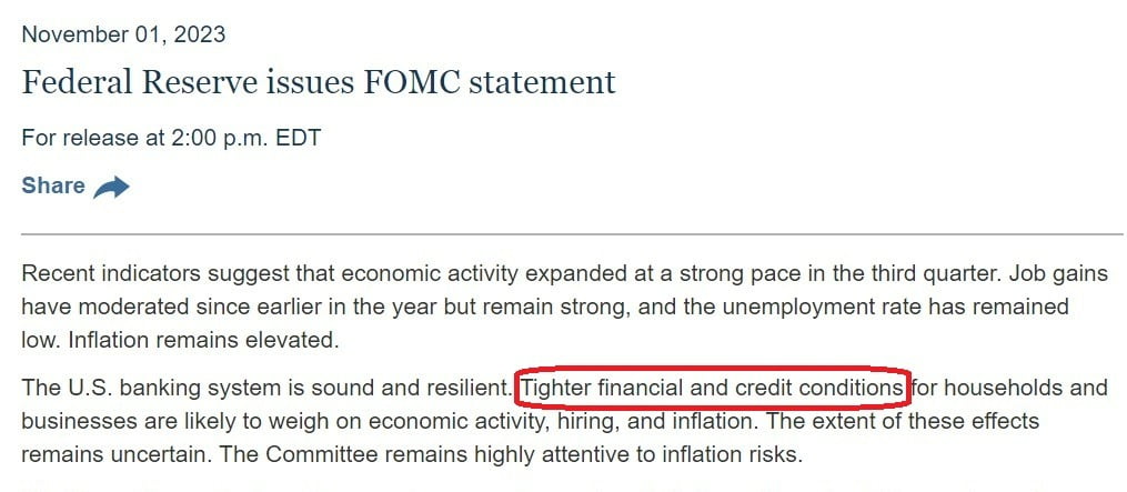 지난 1일(현지시간) 발표된 미국 연방공개시장위원회(FOMC) 성명문에는 9월 성명에 없었던 더 긴축적인 '금융(Financial)' 여건이라는 표현이 들어갔다. 미국 연방준비위원회(Fed)
