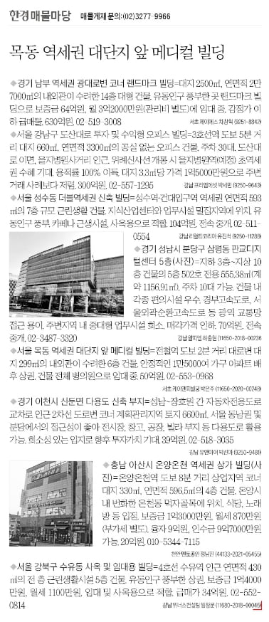 [한경 매물마당] 목동 역세권 대단지 앞 메디컬 빌딩 등 8건