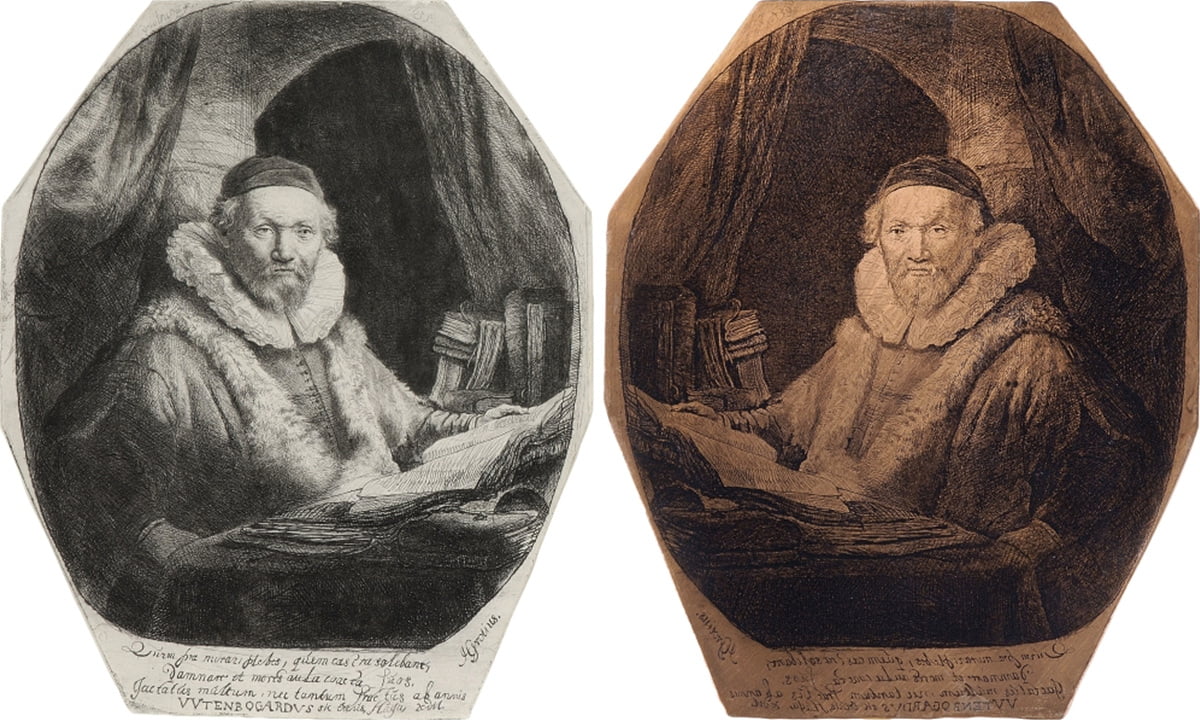 '얀 위텐보해르트, 저항파의 설교자'(1635)의 원판 동판(오른쪽)과 이를 찍어낸 작품(왼쪽). 대구미술관 제공