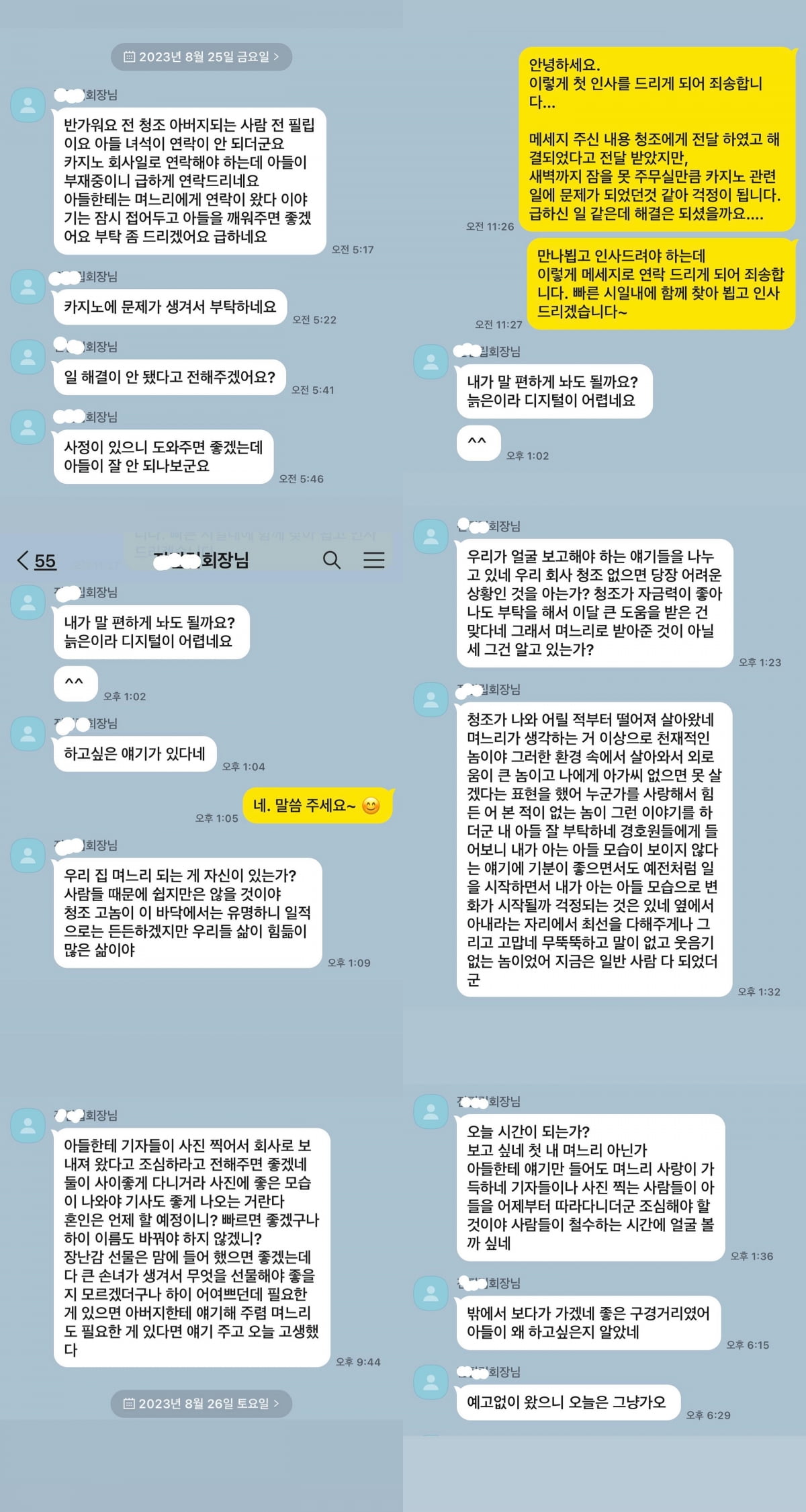 남현희가 공개한 전청조가 파라다이스그룹 회장을 사칭해 보낸 메시지/사진=남현희 인스타그램