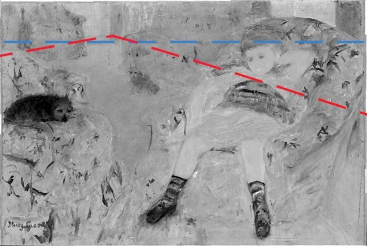 커샛이 원래 그렸던 선(파란색)과 드가가 고쳐준 선(빨간색). 덕분에 그림에 깊이감이 더해졌다. 워싱턴 내셔널갤러리의 적외선 분석으로 밝혀졌다. /워싱턴 내셔널갤러리 제공