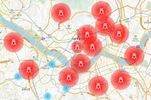 국내 지역별 빈대 출몰 현황을 알려주는 '빈대맵'. 사진은 서울 내 빈대 출몰 구역이 표시된 모습. /사진=빈대맵 웹사이트 캡처