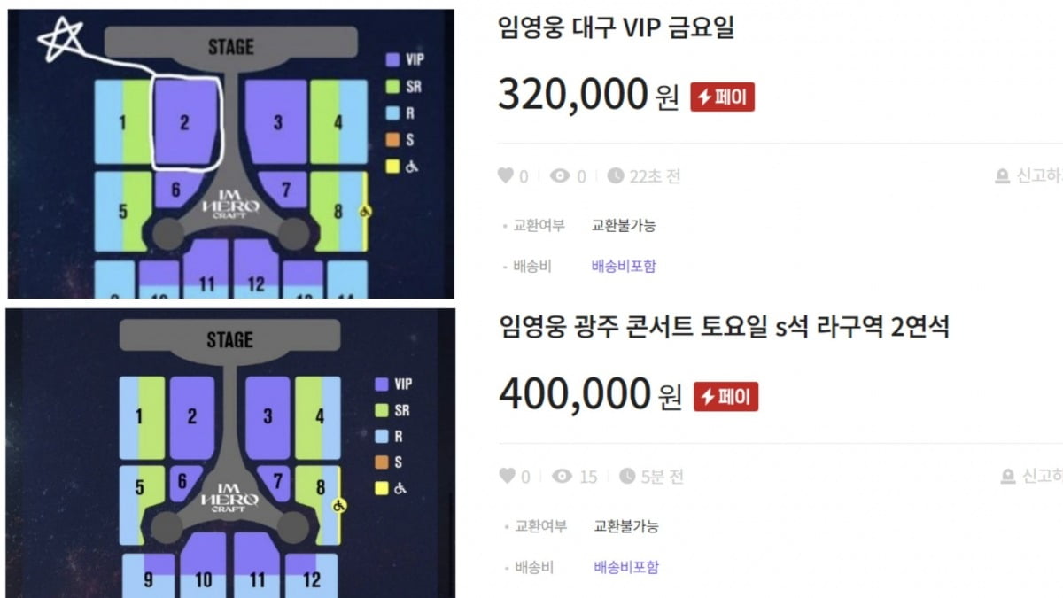 임영웅, 성시경, 아이유 등 유명 가수의 공연에는 늘 암표 거래가 발생한다. /사진=온라인 중고 거래 플랫폼 서비스 화면 캡처