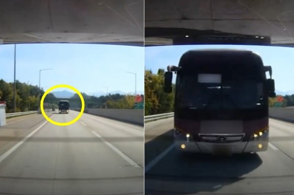 전방 예의 주시 의무를 지키지 않은 고속버스가 피해자 차량을 향해 돌진하는 모습. /사진=유튜브 채널 '한문철 TV' 캡처