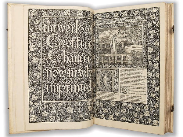 Illustration for The Works of Geoffrey Chaucer
printed by William Morris at the Kelmscott Press, 1896, page 482-483. 
Pictures designed by Sir Edward Burne-Jones, and engraved on wood by W. H. Hooper.
Otis College of Art and Design, Millard Sheets Library