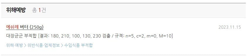 에쉬레 버터에서 대장균이 검출됐다. /사진=식품안전나라 웹사이트 캡처