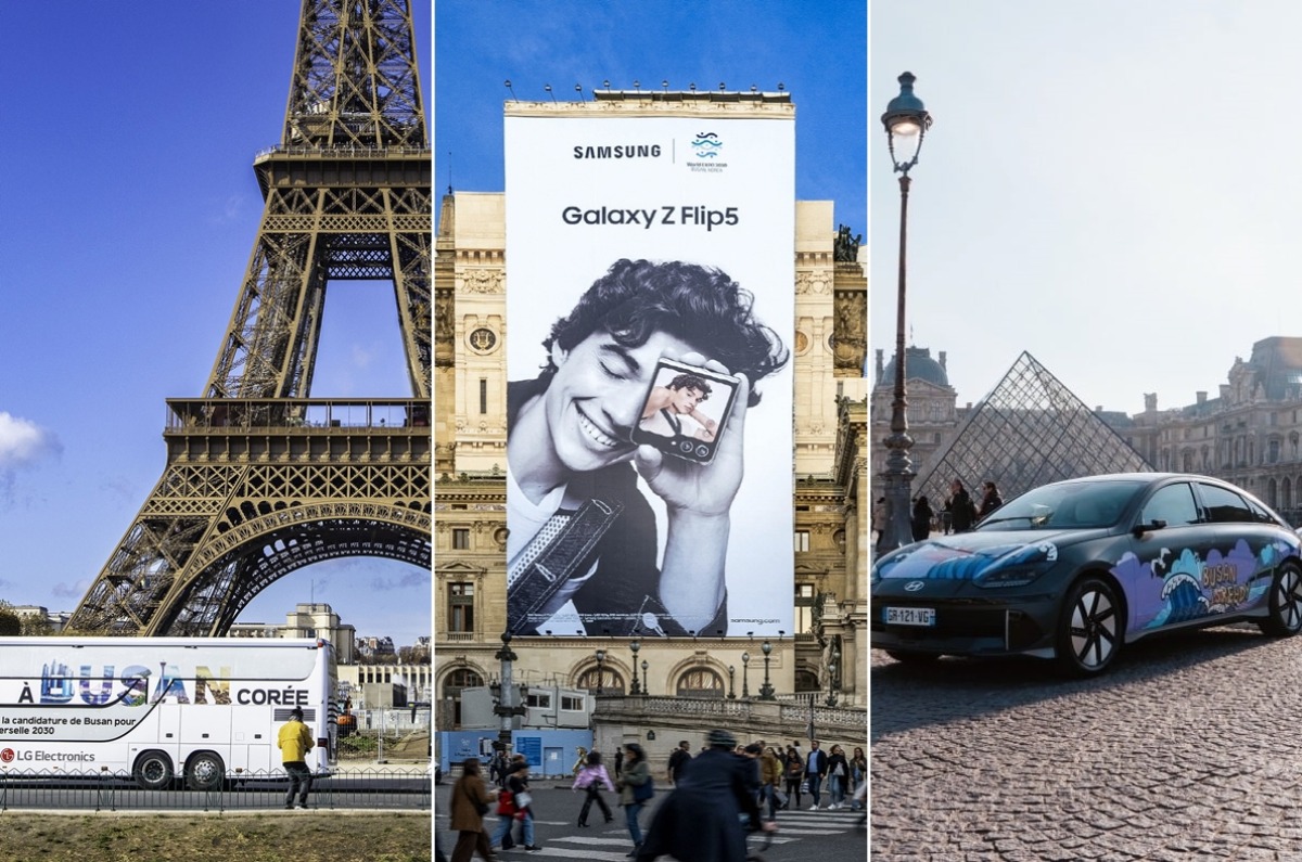 기업들이 오는 28일 개최지 투표가 진행되는 파리에서 '2030 부산 엑스포' 유치에 열 올리고 있다. 왼쪽 사진부터 LG, 삼성전자, 현대차그룹이 운영하는 부산 엑스포 유치 기원 랩핑 버스(에펠탑)와 대형 광고판(오페라 가르니에), 아트카(루브르 박물관). / 사진=LG전자, 삼성전자, 현대차 제공