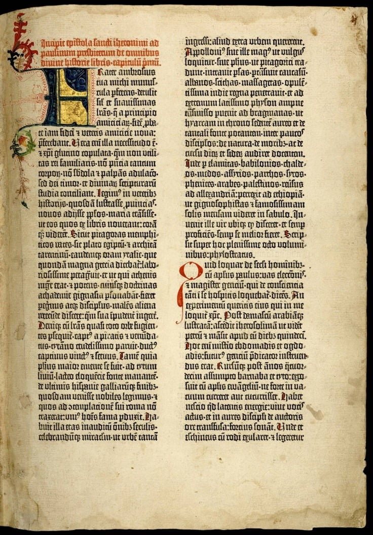 구텐베르크 성경,  1455년, 구텐베르크의 첫번째 인쇄물로 42성경이라고 불린다. 모두 180권이  양피지와 종이로 인쇄되었다. 