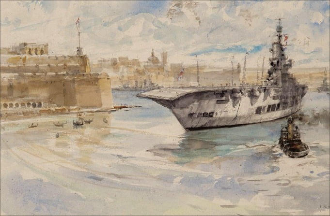 영국 해군의 항공모함인 ‘HMS 아크 로열’이 1938년 몰타 그랑항에 정박한 모습을 미국 해양 화가 이언 마셜이 그린 그림.   /한경BP 제공. 