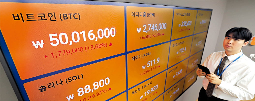 비트코인 가격이 하루 새 5% 이상 급등하며 5000만원을 넘어섰다. 16일 서울 반포동의 가상자산거래소 빗썸에서 직원이 시세를 확인하고 있다.  /김범준 기자 