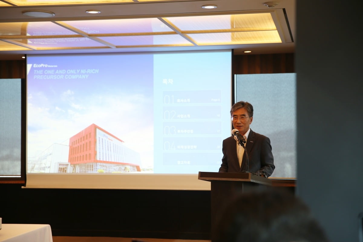 김병훈 에코프로머티리얼즈 대표가 11월 2일 서울 여의도 63빌딩에서 기업설명회를 진행하고 있다. 사진=에코프로머티리얼즈