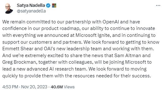 일요일 늦은 시각 사티아 나델라 마이크로소프트(MS) CEO가 오픈AI에서 금요일 해고된 올트만의 영입을 밝혔다. 그는 올트만이 MS의 AI 팀을 이끌 것이라고 했다. 사진=나델라 X 캡처  