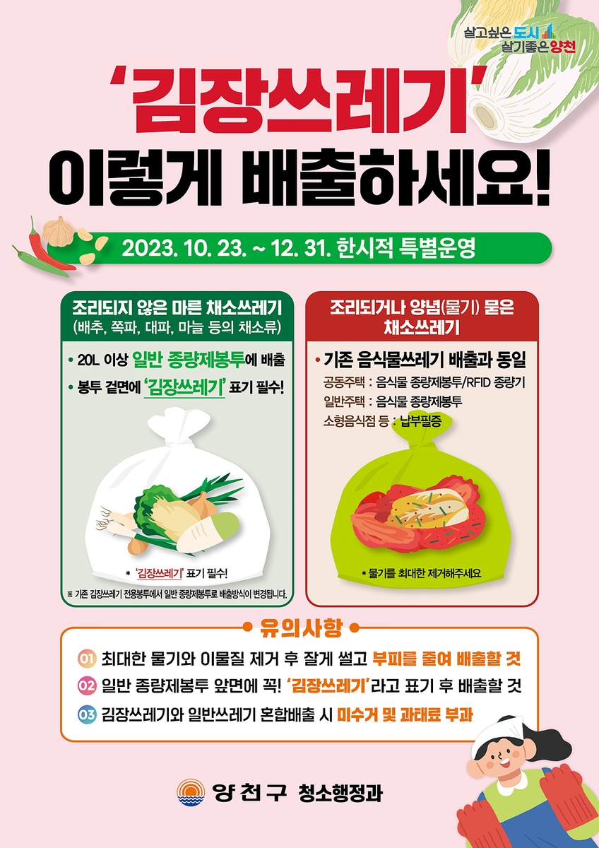 양천구, 12월까지 김장쓰레기 '종량제 봉투' 배출 허용