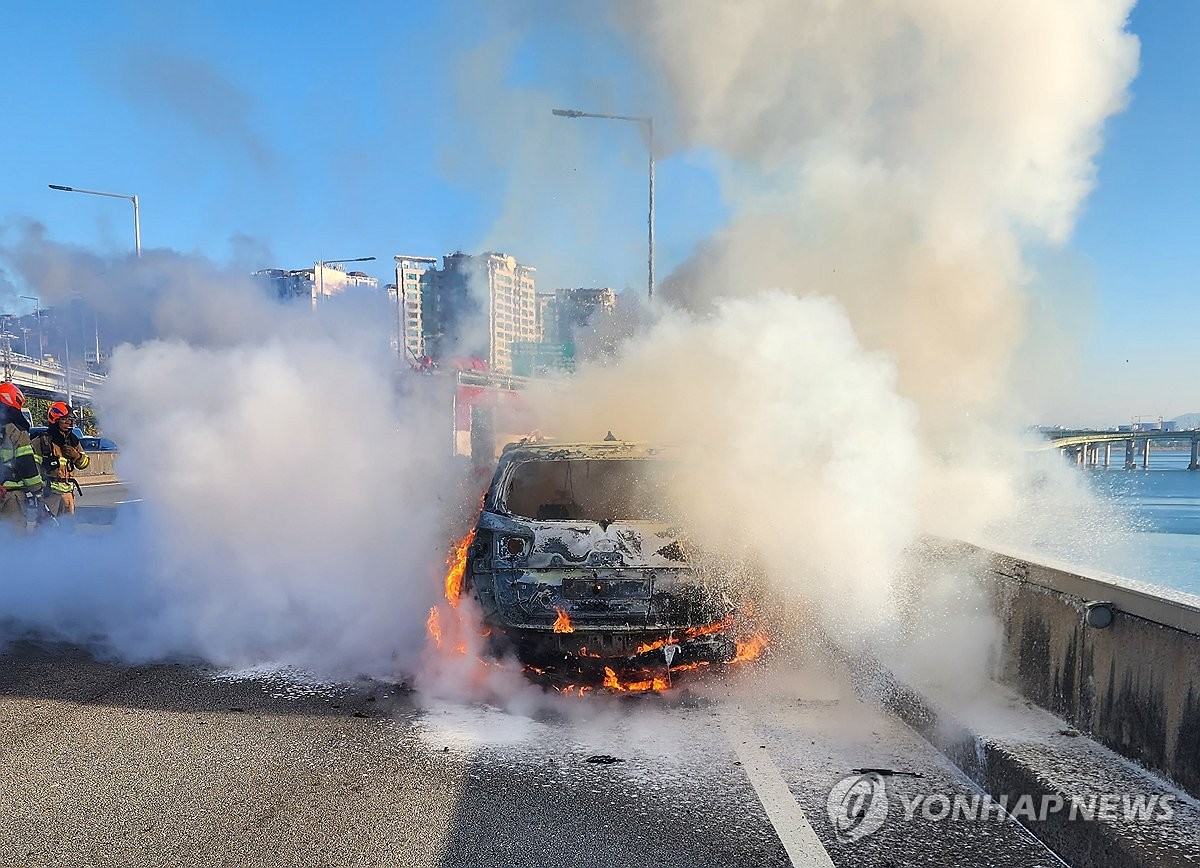 출근길 강변북로 달리던 카니발 택시에 불…인명피해 없어