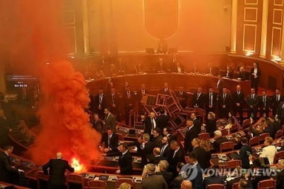 알바니아 의회에 불길·시뻘건 연기…연막탄 터트린 의원들 왜?