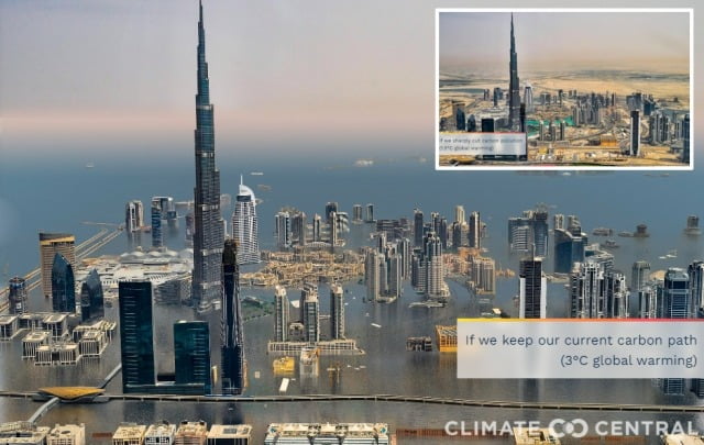 지구 온도가 산업화 대비 1.5도 올랐을 때(오른쪽 위)와 3도 올랐을 때(큰 사진) 두바이 세계 최고층 건물 부르즈칼리파의 모습. [클라이밋 센트럴 홈페이지 캡처]