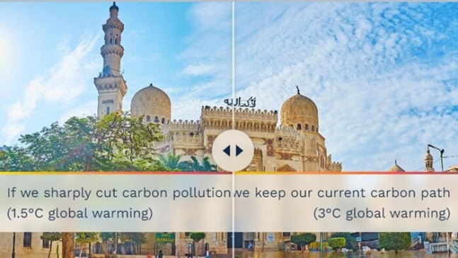 이집트 알렉산드리아 아부 알 아바스 모스크, 지구 온도가 산업화 대비 1.5도(왼쪽), 3도(오른쪽) 올랐을 때 모습. [클라이밋 센트럴 홈페이지]