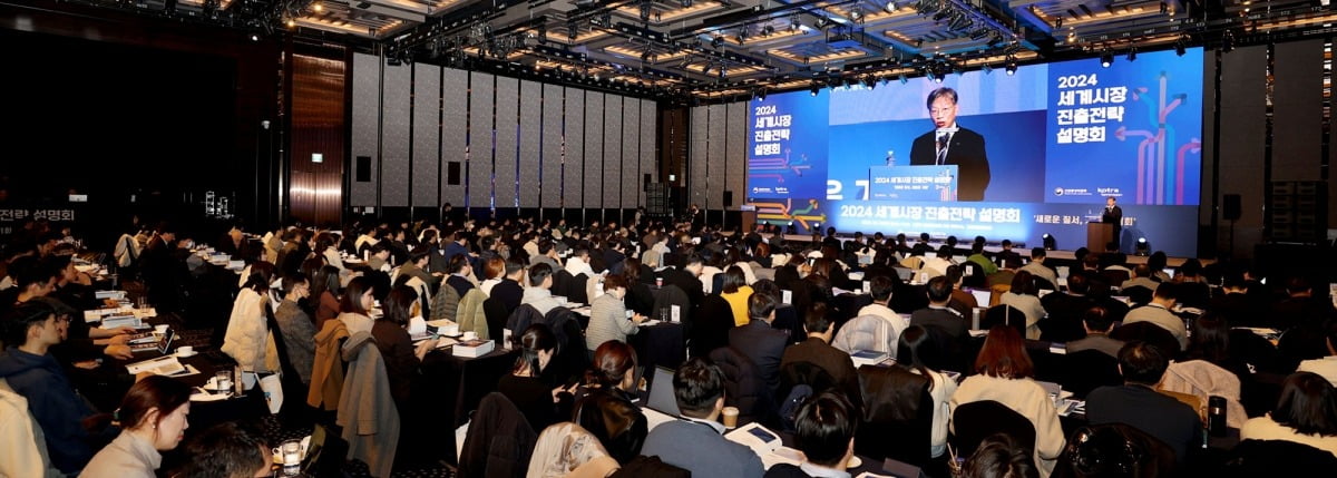 김완기 산업통상자원부 무역투자실장이 12일 서울 강남구 삼성동 그랜드 인터컨티넨탈 서울 파르나스에서 열린 ‘2024 세계시장 진출전략 설명회’에서 축사를 하고 있다. (사진=코트라 제공)