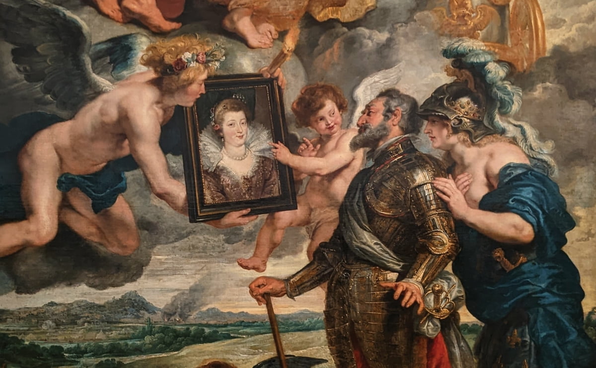 '앙리에게 마리의 초상화를 보여줌'(1622~1625) 중 초상화를 바라보는 앙리 4세 부분. 마리 드 메디시스 연작 중 일부. /루브르박물관 소장