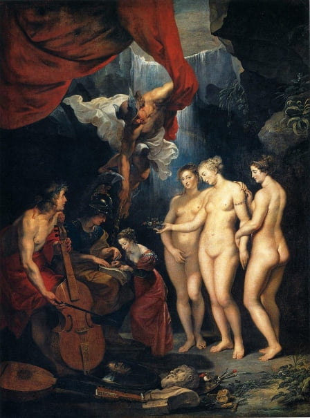 마리 드 메디시스의 교육(1622~1625). 마리 드 메디시스 연작 중 일부. 예술의 신 아폴로와 지혜의 신 아테나, 전령의 신 헤르메스에게 집중 과외를 받고 있다. 진짜로? /루브르박물관 소장