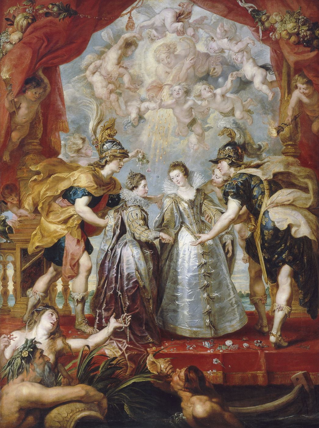 프랑스와 스페인의 두 공주 교환(1622~1625). 마리 드 메디시스 연작 중 일부. 마리는 스페인 왕가와 겹사돈을 맺었다. 아들인 루이 13세는 스페인 공주와 결혼시켰고, 딸인 안 도트리슈는 스페인의 펠리페 4세에게 시집보내면서다.  /루브르박물관 소장