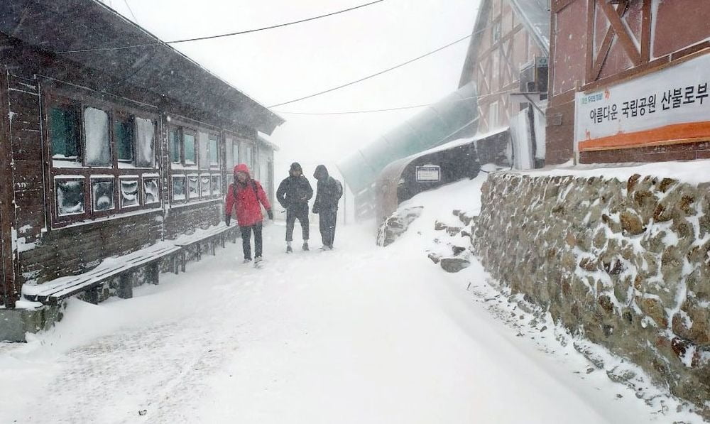 16일 낮 12시께 대설주의보가 발효돼 입산 금지가 된 지리산 장터목대피소 모습. 사진=지리산국립공원 경남사무소 제공