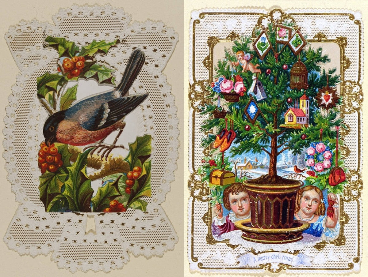 <그림 8> Left to right: Shaped Christmas card with paper lace, unknown, about 1870, England. © Victoria and Albert Museum, London. 'A Merry Christmas' (card with paper lace), unknown, 1860 – 80, England. © Victoria and Albert Museum, London.