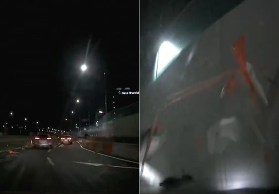 속도를 줄이지 않고 주행 중인 운전자의 차량(왼쪽), 이어 예기치 못한 '블랙아이스'에 미끄러진 차량과 추돌한 플라스틱 가드가 산산조각이 나는 모습. /사진=유튜브 채널 '한문철 TV' 캡처