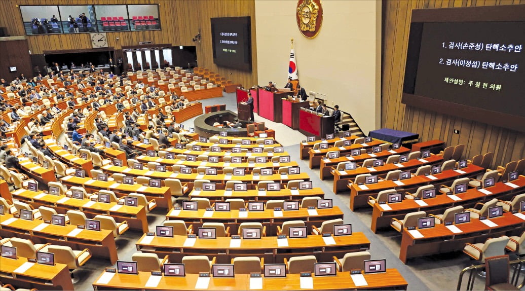 1일 열린 국회 본회의에서 여당 의원들이 불참한 가운데 손준성·이정섭 검사에 대한 탄핵소추안이 통과되고 있다.  /김병언 기자 