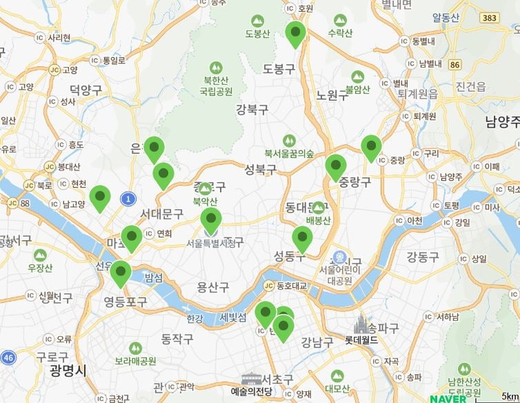 서울시 이동노동자 쉼터 13개소 위치(출처:서울노동권익센터)