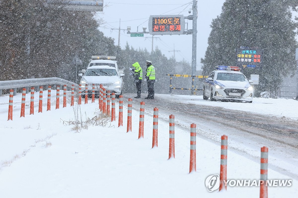 한라산 53.6cm 폭설…산간 도로 막히고 항공기 지연·결항(종합)