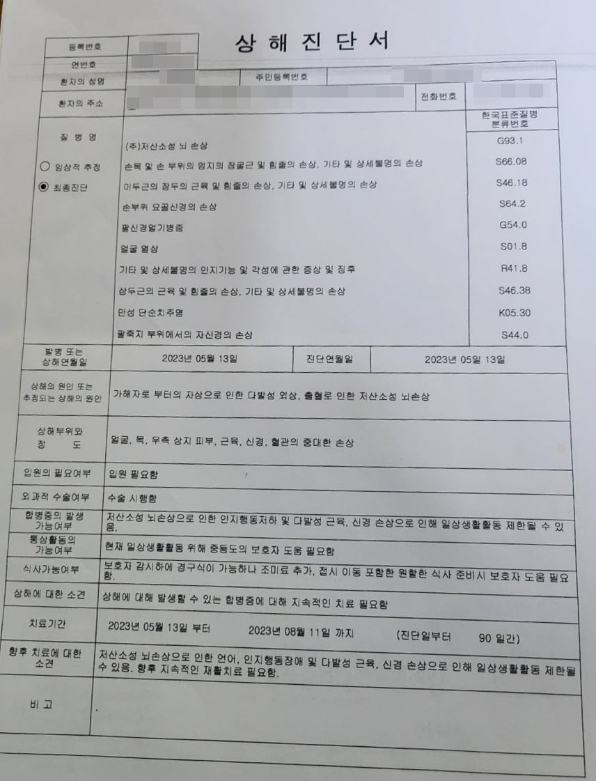  지난 5월 13일 대구 북구 대학가에서 피고인(28)에게 공격당한 A씨의 상해진단서/사진=연합뉴스