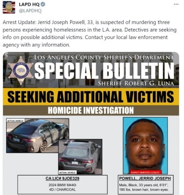 美 LA서 노숙인 3명 연쇄 총격 살해한 혐의 30대 체포·구금
