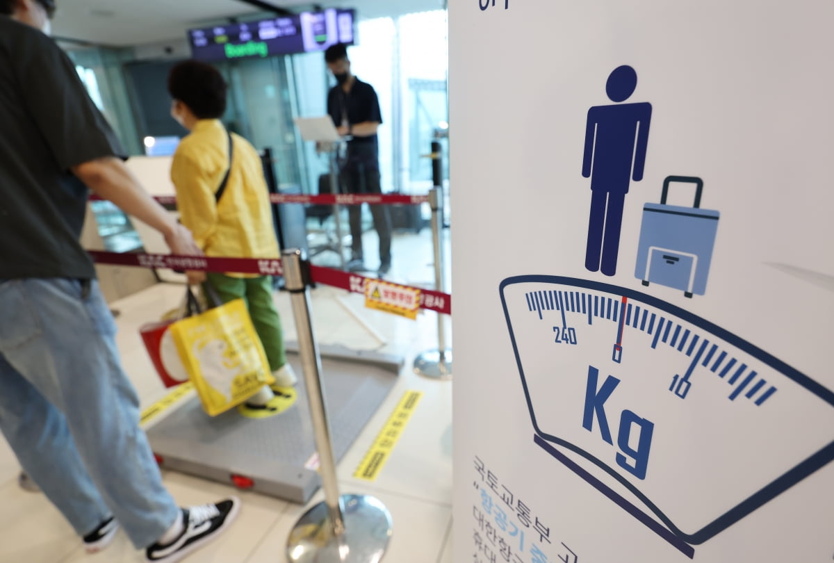 김포공항 국내선에서 대한카지노사이트 측이 휴대수하물 포함 승객 표준중량을 측정하고 있다./사진=공항사진기자단