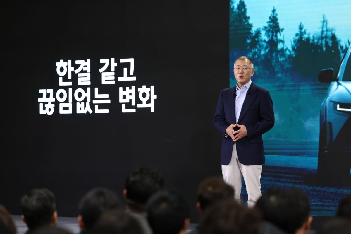  정의선 현대자동차그룹 회장이 3일 오전 경기도 기아 오토랜드 광명에서 열린 현대자동차그룹 2024년 신년회에서 신년사를 하고 있다.  /사진=뉴스1