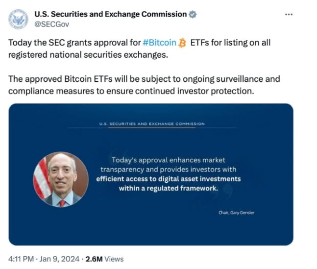 SEC 엑스 계정에 비트코인 현물 ETF가 승인됐다는 게시글이 올라왔다. 해당 게시글을 SEC의 허가를 받지 않은 것으로 곧 삭제됐다. /X(옛 트위터) 캡쳐