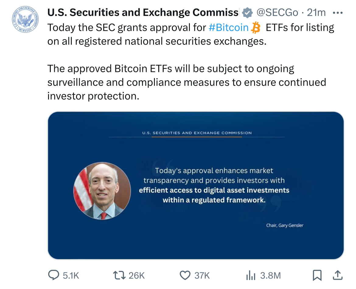 SEC 엑스 공식 계정에 올라온 비트코인 ETF 승인 게시글(사진=X)