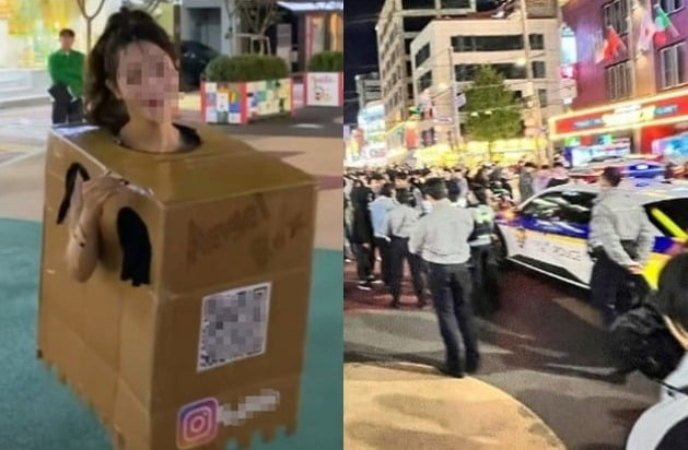 서울 번화가 일대를 알몸 상태로 박스만 걸친 채 돌아다녀 논란이 된 '박스녀'(왼쪽), 그를 보기 위해 모인 인파와 경찰이 제지하러 온 모습. /사진=인스타그램 캡처