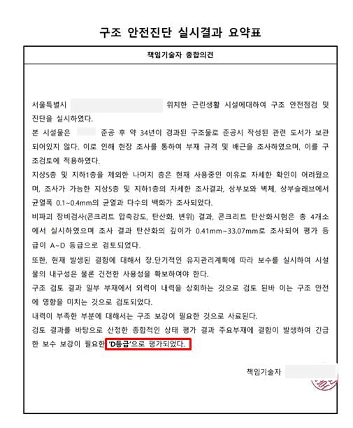 (실제 구조 안전진단 실시결과 요약표, 제공 : 밸류업이노베이션)