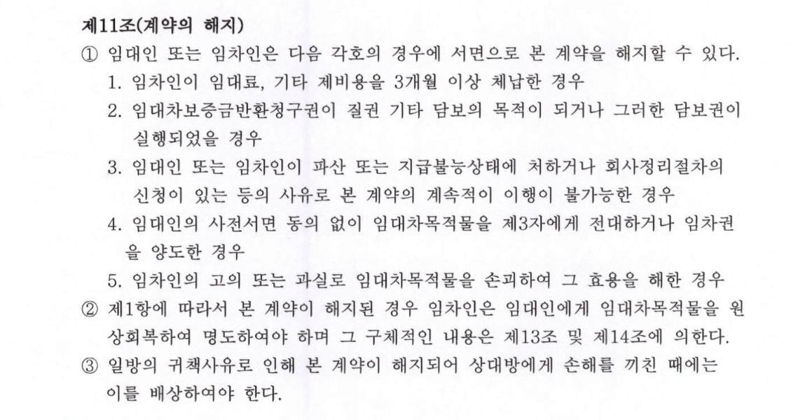 (임대차계약서 中 일부, 계약의 해지에 관한 조항 / 출처 : 밸류업이노베이션)