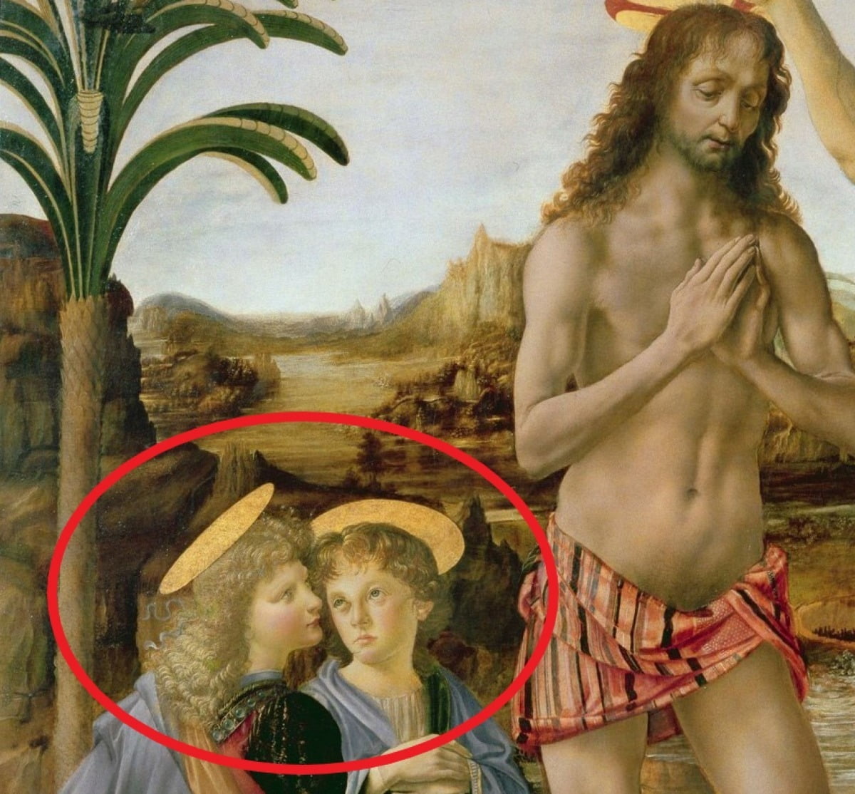 다빈치가 스승인 베로키오와 함께 그린 '그리스도의 탄생'(1472~1475년경)의 일부. 붉은 원으로 표시한 왼쪽 아래 두 천사 중 왼쪽이 다빈치의 작품이다. 제자와의 수준 차이를 절감한 스승은 이 작품을 완성한 뒤 붓을 꺾고 다시 그림을 그리지 않았다고 한다. /피렌체 우피치미술관