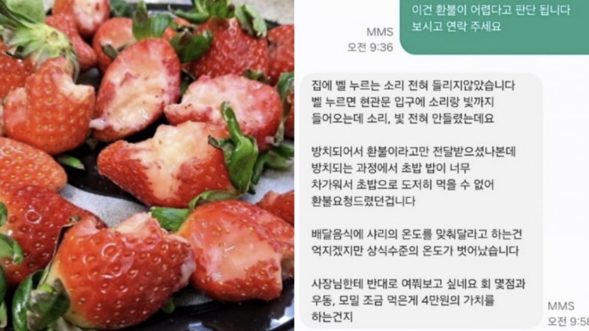 (왼쪽부터) 판매 1시간 후 환불 요구를 받은 딸기의 모습과 초밥집 사장이 공개한 손님과의 대화 내역. /사진=온라인 커뮤니티 캡처 