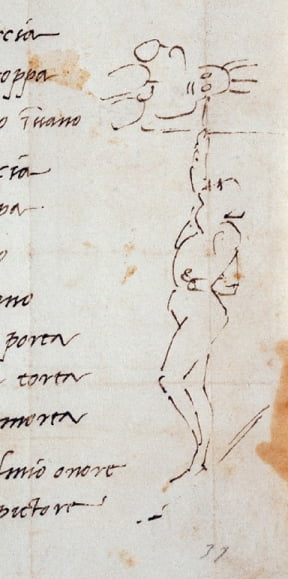 미켈란젤로가 편지 구석에 낙서하듯 그린, 자신이 천장화를 그리는 모습.