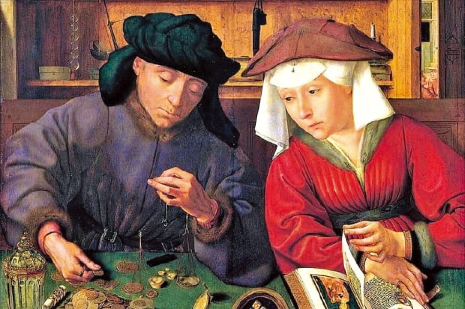 돈을 세면서 이렇게 기쁘지 않은 표정을 짓는 사람을 본 적이 있는가. 성경을 펼친 아내는 이렇게 말하는 듯하다. “여보, 혹시 대출 조건과 맞지 않는 사람이 있는지 꼼꼼히 보세요.” 16세기 종교화를 주로 그린 캉탱 마시의 작품, ‘대금업자 부부’다.
 