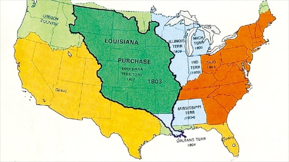 루이지애나(녹색 부분)를 지금의 주(州) 사이즈로 이해하면 곤란하다. 당시 루이지애나는 미국 중부 전체를 가리키는 표현으로 현재 미주리, 오클라호마를 포함해 중부 15개 주에 걸쳐 있었다. 미국은 전쟁과 매입을 병행하며 영토를 계속 넓혀나갔다. 에스파냐로부터는 플로리다를, 러시아로부터는 알래스카를 헐값에 구매했다. 1867년 당시 알래스카 매입비는 720만 달러에 불과했다. 이 땅에서는 석유가 나왔다. 