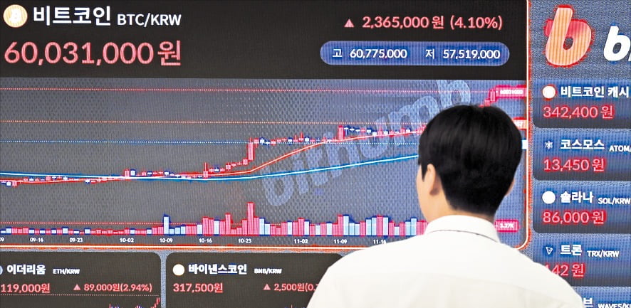 비트코인 현물 상장지수펀드(ETF)가 미국 증시에 상장됨에 따라 비트코인 시세가 급등했다. 서울 강남의 한 암호화폐 거래소 전광판을 한 시민이 지켜보고 있다. /뉴스1 
