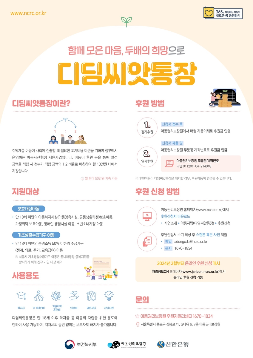 시설보호·저소득아동 저축 보태주는 디딤씨앗통장 대상 3배로↑